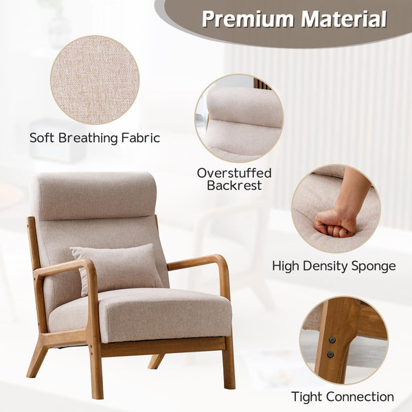 INZOY Mid Century Modern Accent Chair with Wood Frame, Upholstered Living Room Chairs with Waist Cushion, Reading Armchair for Bedroom Sunroom (Beige)