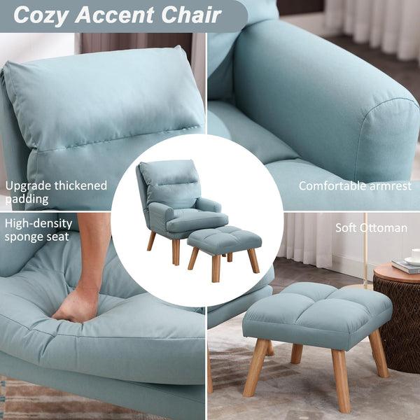 INZOY Accent Chairs with Ottoman, Leatherette Armchair with Ottoman for Bedroom Living Room, Mid Century Modern Chair with Adjustable Backrest and Side Pockets, Sky Blue