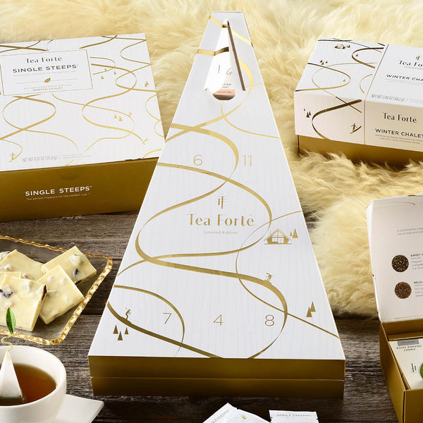 Tea Forte Warming Joy Holiday Herbal Tea Advent Calendar, Gift Set of 24 Pyramid Infuser Tea Bags with Numbered Calendar