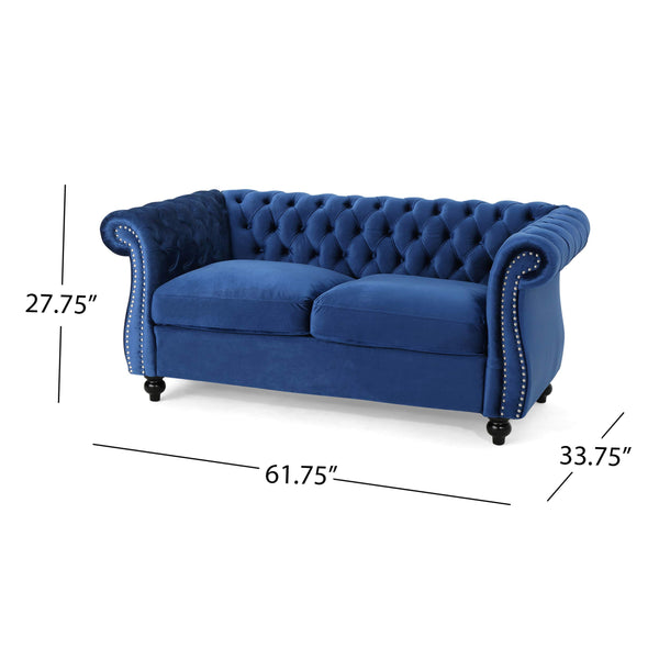 Christopher Knight Home Karen Traditional Chesterfield Loveseat Sofa, Navy Blue and Dark Brown, 61.75 x 33.75 x 27.75