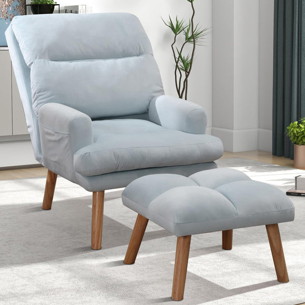 INZOY Accent Chairs with Ottoman, Leatherette Armchair with Ottoman for Bedroom Living Room, Mid Century Modern Chair with Adjustable Backrest and Side Pockets, Sky Blue