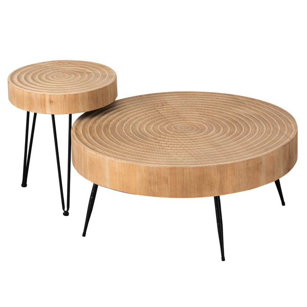 2-Piece Modern Farmhouse Living Room Coffee Table Set, Nesting Table Round Natural Finish with Handcrafted Wood Ring Motif, Wood Colour