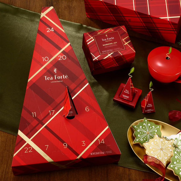 Tea Forte Warming Joy Holiday Herbal Tea Advent Calendar, Gift Set of 24 Pyramid Infuser Tea Bags with Numbered Calendar