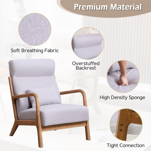 INZOY Mid Century Modern Accent Chair with Wood Frame, Upholstered Living Room Chairs with Waist Cushion, Reading Armchair for Bedroom Sunroom (Beige)