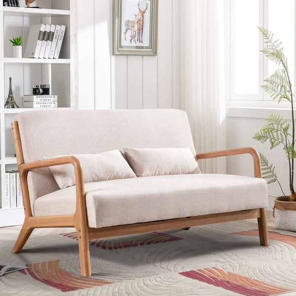 INZOY 50" Love seat Sofa 2 Seat Mid Century Modern Accent Chair, Uplostered 2 Person Couch Loveseat for Small Place Bedroom Office, Wood Frame and Attached 2 Waist Cushions, Beige