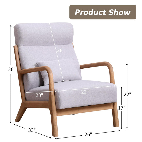 INZOY Mid Century Modern Accent Chair with Wood Frame, Upholstered Living Room Chairs with Waist Cushion, Reading Armchair for Bedroom Sunroom (Beige)