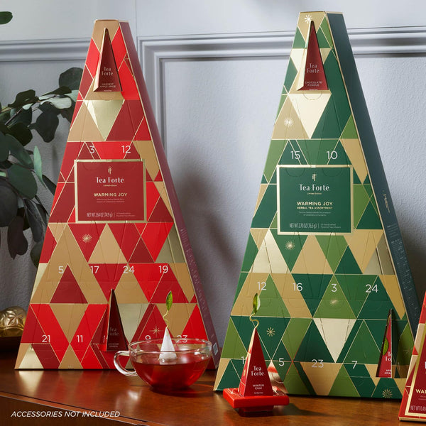Tea Forte Warming Joy Holiday Herbal Tea Advent Calendar, Gift Set of 24 Pyramid Infuser Tea Bags with Numbered Calendar