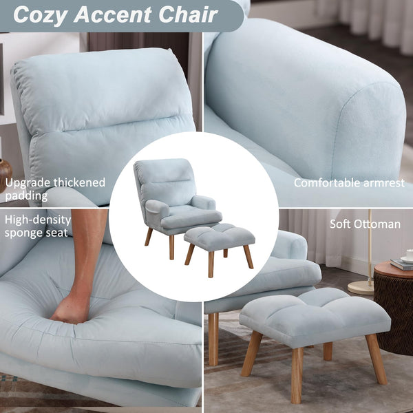 INZOY Accent Chairs with Ottoman, Leatherette Armchair with Ottoman for Bedroom Living Room, Mid Century Modern Chair with Adjustable Backrest and Side Pockets, Sky Blue