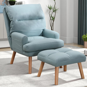 INZOY Accent Chairs with Ottoman, Leatherette Armchair with Ottoman for Bedroom Living Room, Mid Century Modern Chair with Adjustable Backrest and Side Pockets, Sky Blue