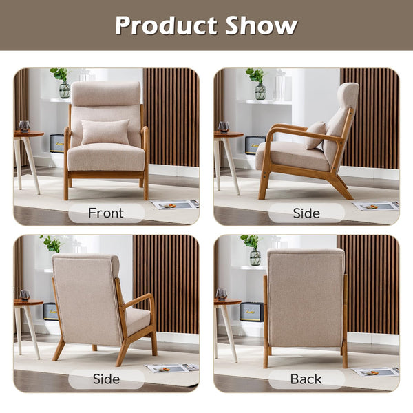 INZOY Mid Century Modern Accent Chair with Wood Frame, Upholstered Living Room Chairs with Waist Cushion, Reading Armchair for Bedroom Sunroom (Beige)