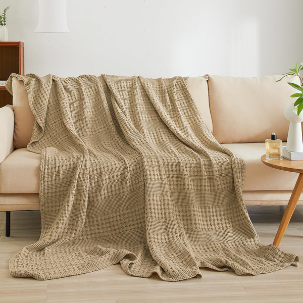 PHF 100% Cotton Waffle Weave Throw Blanket for Couch - Lightweight Washed Cotton Throw Blanket for Bed - 50"x60" Aesthetic Breathable Blanket for Room Decor & Office - Oatmeal