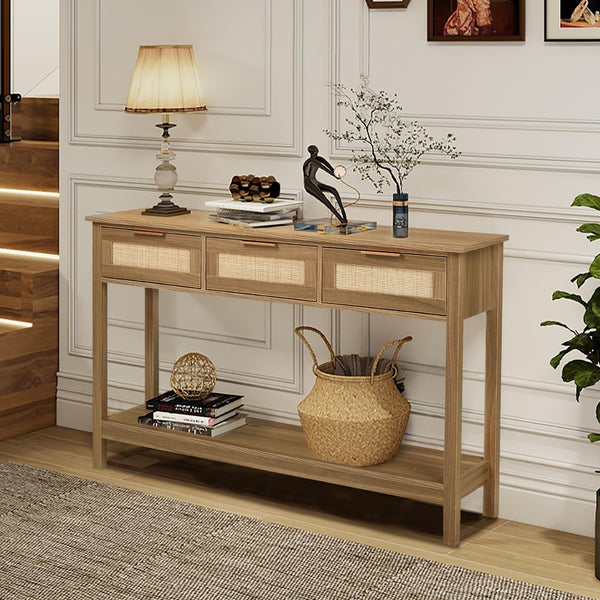 LAZZO Rattan Console Table Boho Entryway Table Narrow Long Sofa Table Hallway Foyer Table Behind Couch Table with 3 Drawers and Open Storage Shelf for Living Room and Corridor Natural Wood