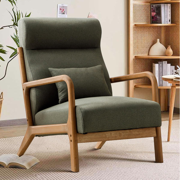 INZOY Mid Century Modern Accent Chair with Wood Frame, Upholstered Living Room Chairs with Waist Cushion, Reading Armchair for Bedroom Sunroom (Beige)