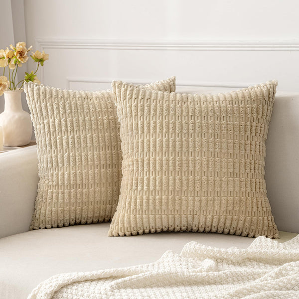 MIULEE Pack of 2 Corduroy Decorative Throw Pillow Covers 18x18 Inch Soft Boho Striped Pillow Covers Modern Farmhouse Christmas Home Decor for Sofa Living Room Couch Bed Cream White