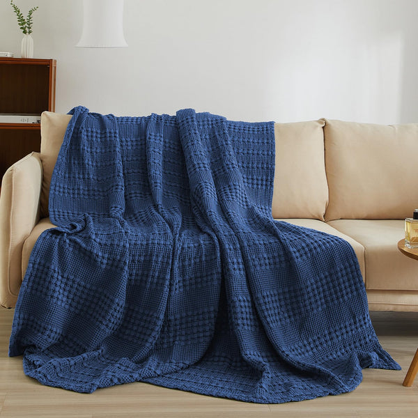 PHF 100% Cotton Waffle Weave Throw Blanket for Couch - Lightweight Washed Cotton Throw Blanket for Bed - 50"x60" Aesthetic Breathable Blanket for Room Decor & Office - Oatmeal