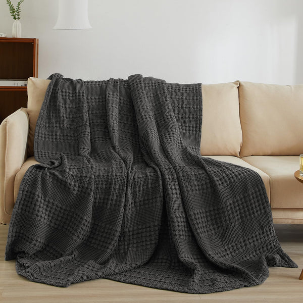 PHF 100% Cotton Waffle Weave Throw Blanket for Couch - Lightweight Washed Cotton Throw Blanket for Bed - 50"x60" Aesthetic Breathable Blanket for Room Decor & Office - Oatmeal