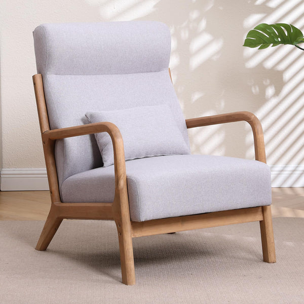 INZOY Mid Century Modern Accent Chair with Wood Frame, Upholstered Living Room Chairs with Waist Cushion, Reading Armchair for Bedroom Sunroom (Beige)