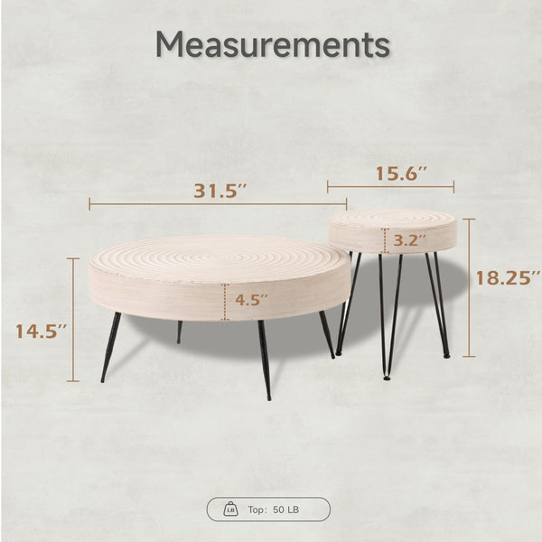 2-Piece Modern Farmhouse Living Room Coffee Table Set, Nesting Table Round Natural Finish with Handcrafted Wood Ring Motif, Wood Colour