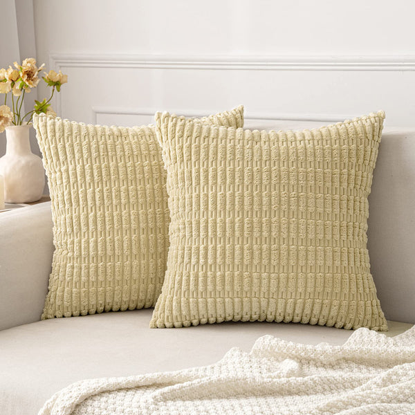 MIULEE Pack of 2 Corduroy Decorative Throw Pillow Covers 18x18 Inch Soft Boho Striped Pillow Covers Modern Farmhouse Christmas Home Decor for Sofa Living Room Couch Bed Cream White