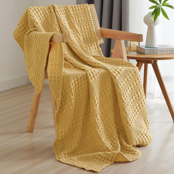 PHF 100% Cotton Waffle Weave Throw Blanket for Couch - Lightweight Washed Cotton Throw Blanket for Bed - 50"x60" Aesthetic Breathable Blanket for Room Decor & Office - Oatmeal