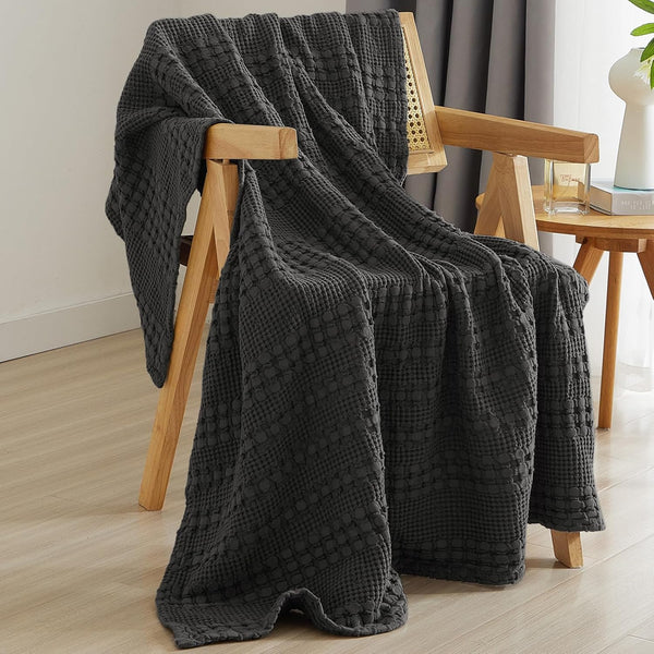 PHF 100% Cotton Waffle Weave Throw Blanket for Couch - Lightweight Washed Cotton Throw Blanket for Bed - 50"x60" Aesthetic Breathable Blanket for Room Decor & Office - Oatmeal