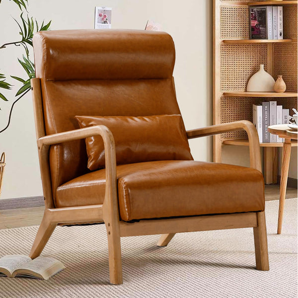 INZOY Mid Century Modern Accent Chair with Wood Frame, Upholstered Living Room Chairs with Waist Cushion, Reading Armchair for Bedroom Sunroom (Beige)