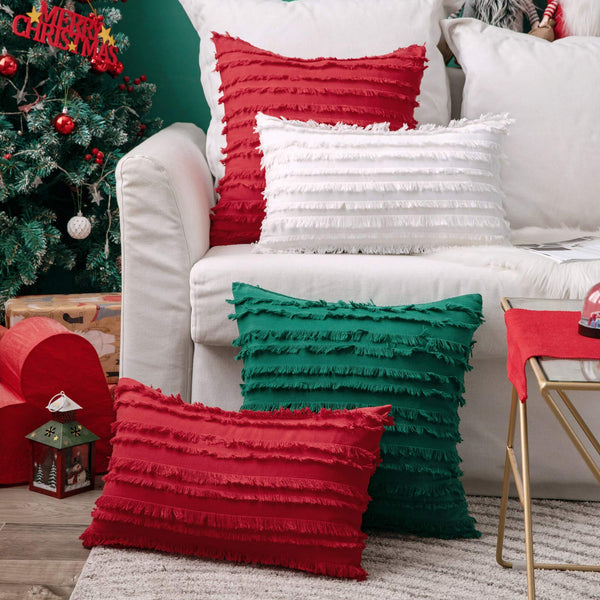 MIULEE Set of 2 Decorative Boho Throw Pillow Covers Linen Striped Jacquard Pattern Christmas Cushion Covers for Sofa Couch Living Room Bedroom 26x26 Inch White