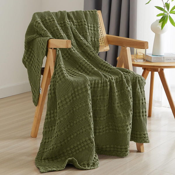 PHF 100% Cotton Waffle Weave Throw Blanket for Couch - Lightweight Washed Cotton Throw Blanket for Bed - 50"x60" Aesthetic Breathable Blanket for Room Decor & Office - Oatmeal