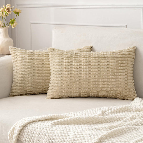 MIULEE Pack of 2 Corduroy Decorative Throw Pillow Covers 18x18 Inch Soft Boho Striped Pillow Covers Modern Farmhouse Christmas Home Decor for Sofa Living Room Couch Bed Cream White