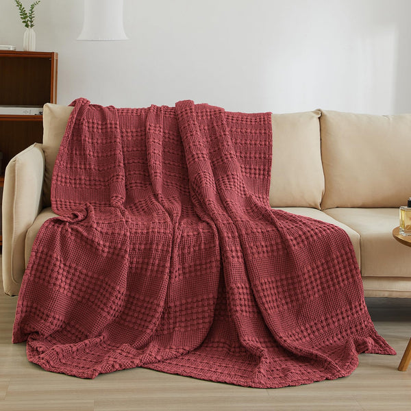 PHF 100% Cotton Waffle Weave Throw Blanket for Couch - Lightweight Washed Cotton Throw Blanket for Bed - 50"x60" Aesthetic Breathable Blanket for Room Decor & Office - Oatmeal