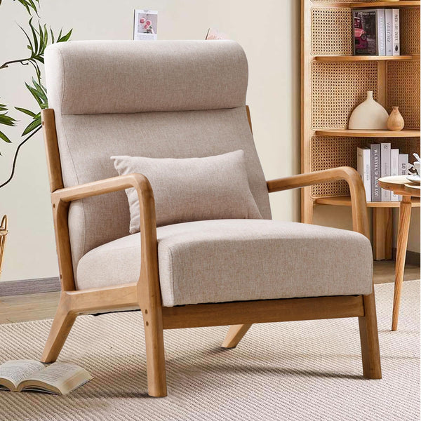 INZOY Mid Century Modern Accent Chair with Wood Frame, Upholstered Living Room Chairs with Waist Cushion, Reading Armchair for Bedroom Sunroom (Beige)