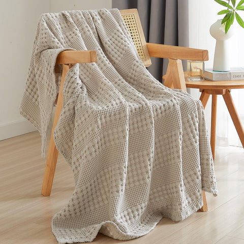 PHF 100% Cotton Waffle Weave Throw Blanket for Couch - Lightweight Washed Cotton Throw Blanket for Bed - 50"x60" Aesthetic Breathable Blanket for Room Decor & Office - Oatmeal