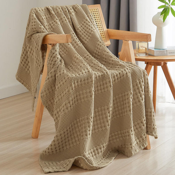 PHF 100% Cotton Waffle Weave Throw Blanket for Couch - Lightweight Washed Cotton Throw Blanket for Bed - 50"x60" Aesthetic Breathable Blanket for Room Decor & Office - Oatmeal