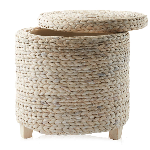 Casafield 17" Round Storage Ottoman with Lid - Natural, Handwoven Water Hyacinth Footstool for Living Room, Bedroom, Bathroom, Home Office