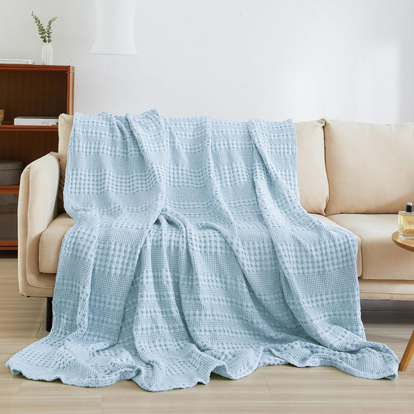 PHF 100% Cotton Waffle Weave Throw Blanket for Couch - Lightweight Washed Cotton Throw Blanket for Bed - 50"x60" Aesthetic Breathable Blanket for Room Decor & Office - Oatmeal