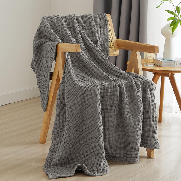 PHF 100% Cotton Waffle Weave Throw Blanket for Couch - Lightweight Washed Cotton Throw Blanket for Bed - 50"x60" Aesthetic Breathable Blanket for Room Decor & Office - Oatmeal