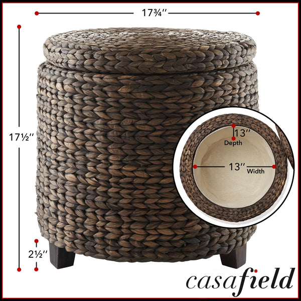 Casafield 17" Round Storage Ottoman with Lid - Natural, Handwoven Water Hyacinth Footstool for Living Room, Bedroom, Bathroom, Home Office