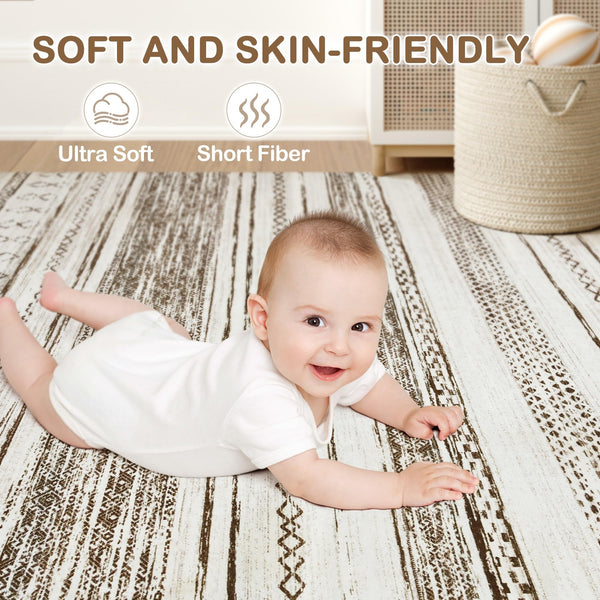 Area Rug Living Room Rugs - 5x7 Washable Large Soft Neutral Boho Moroccan Bohemian Farmhouse Rug Indoor Floor Carpet for Bedroom Under Dining Table Home Office Decor - Cream Brown