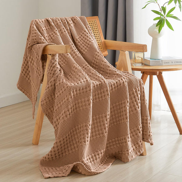 PHF 100% Cotton Waffle Weave Throw Blanket for Couch - Lightweight Washed Cotton Throw Blanket for Bed - 50"x60" Aesthetic Breathable Blanket for Room Decor & Office - Oatmeal