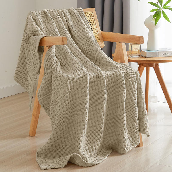 PHF 100% Cotton Waffle Weave Throw Blanket for Couch - Lightweight Washed Cotton Throw Blanket for Bed - 50"x60" Aesthetic Breathable Blanket for Room Decor & Office - Oatmeal