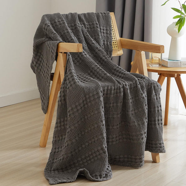 PHF 100% Cotton Waffle Weave Throw Blanket for Couch - Lightweight Washed Cotton Throw Blanket for Bed - 50"x60" Aesthetic Breathable Blanket for Room Decor & Office - Oatmeal