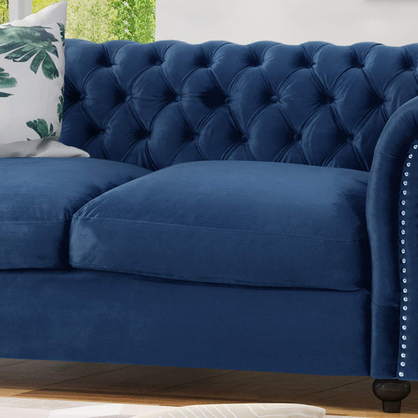 Christopher Knight Home Karen Traditional Chesterfield Loveseat Sofa, Navy Blue and Dark Brown, 61.75 x 33.75 x 27.75