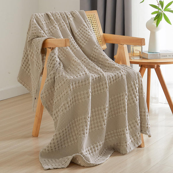 PHF 100% Cotton Waffle Weave Throw Blanket for Couch - Lightweight Washed Cotton Throw Blanket for Bed - 50"x60" Aesthetic Breathable Blanket for Room Decor & Office - Oatmeal