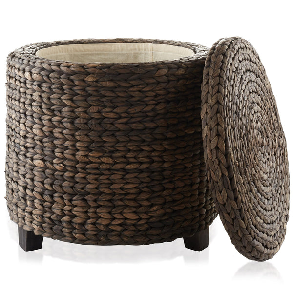 Casafield 17" Round Storage Ottoman with Lid - Natural, Handwoven Water Hyacinth Footstool for Living Room, Bedroom, Bathroom, Home Office