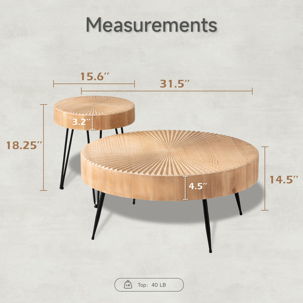 2-Piece Modern Farmhouse Living Room Coffee Table Set, Nesting Table Round Natural Finish with Handcrafted Wood Ring Motif, Wood Colour