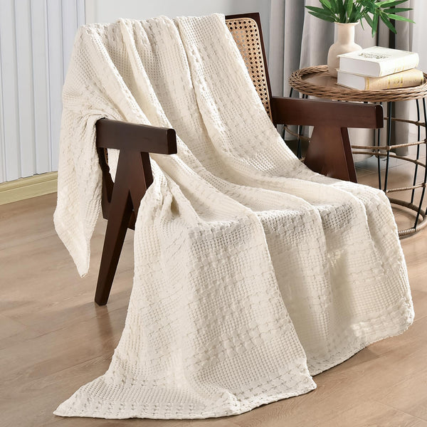 PHF 100% Cotton Waffle Weave Throw Blanket for Couch - Lightweight Washed Cotton Throw Blanket for Bed - 50"x60" Aesthetic Breathable Blanket for Room Decor & Office - Oatmeal