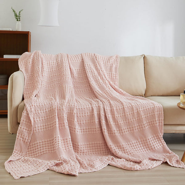 PHF 100% Cotton Waffle Weave Throw Blanket for Couch - Lightweight Washed Cotton Throw Blanket for Bed - 50"x60" Aesthetic Breathable Blanket for Room Decor & Office - Oatmeal