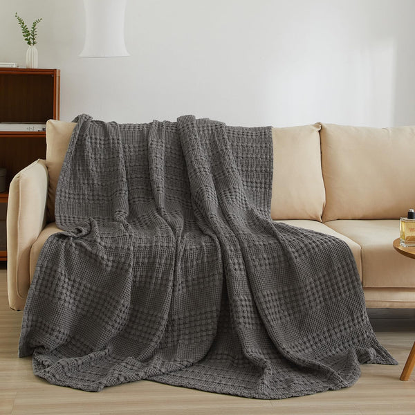 PHF 100% Cotton Waffle Weave Throw Blanket for Couch - Lightweight Washed Cotton Throw Blanket for Bed - 50"x60" Aesthetic Breathable Blanket for Room Decor & Office - Oatmeal