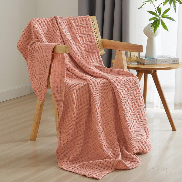 PHF 100% Cotton Waffle Weave Throw Blanket for Couch - Lightweight Washed Cotton Throw Blanket for Bed - 50"x60" Aesthetic Breathable Blanket for Room Decor & Office - Oatmeal