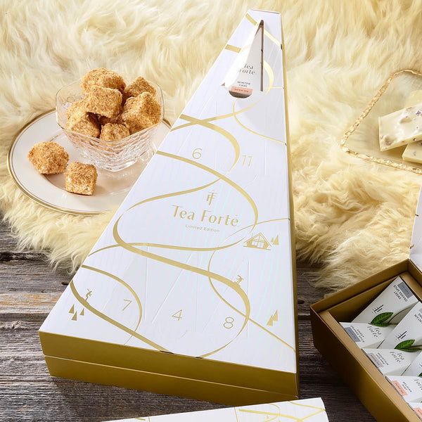 Tea Forte Warming Joy Holiday Herbal Tea Advent Calendar, Gift Set of 24 Pyramid Infuser Tea Bags with Numbered Calendar